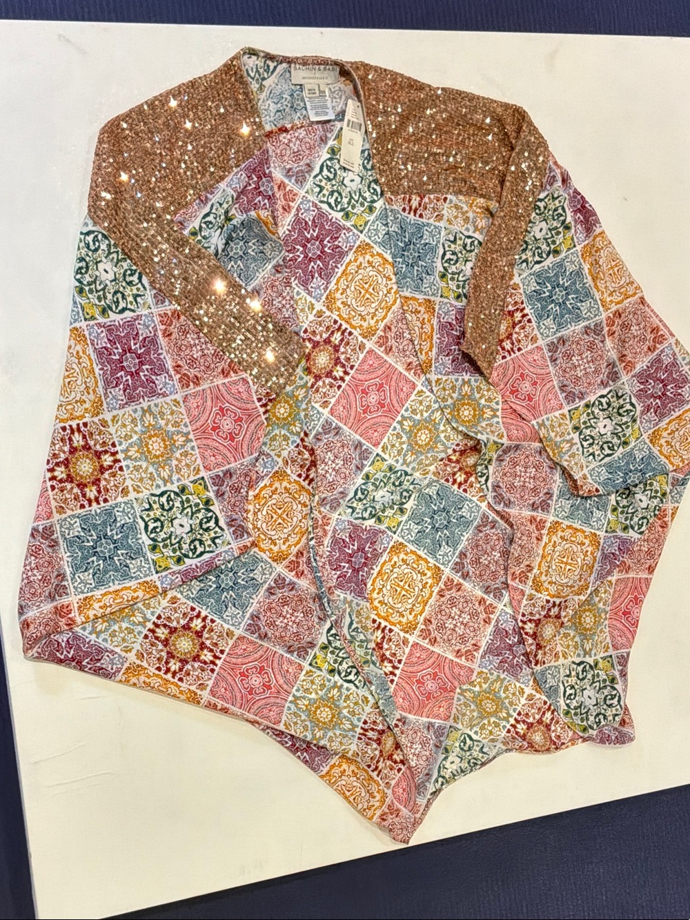 Sachin + Babi Multicolor Patchwork Sequin-Trim Cardigan